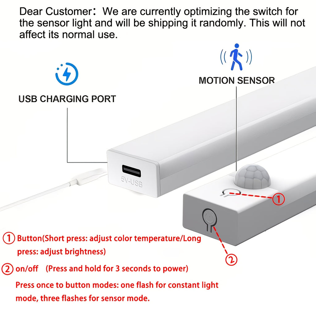 Set of 3 LED Lights with Motion Detection - Adjustable Brightness for Cabinets, Rechargeable Via USB, Featuring Three Color Temperatures (3000K/4500K/6000K), Suitable for Use As Night Lights in Bedrooms, Staircases, Kitchens, Piano Rooms