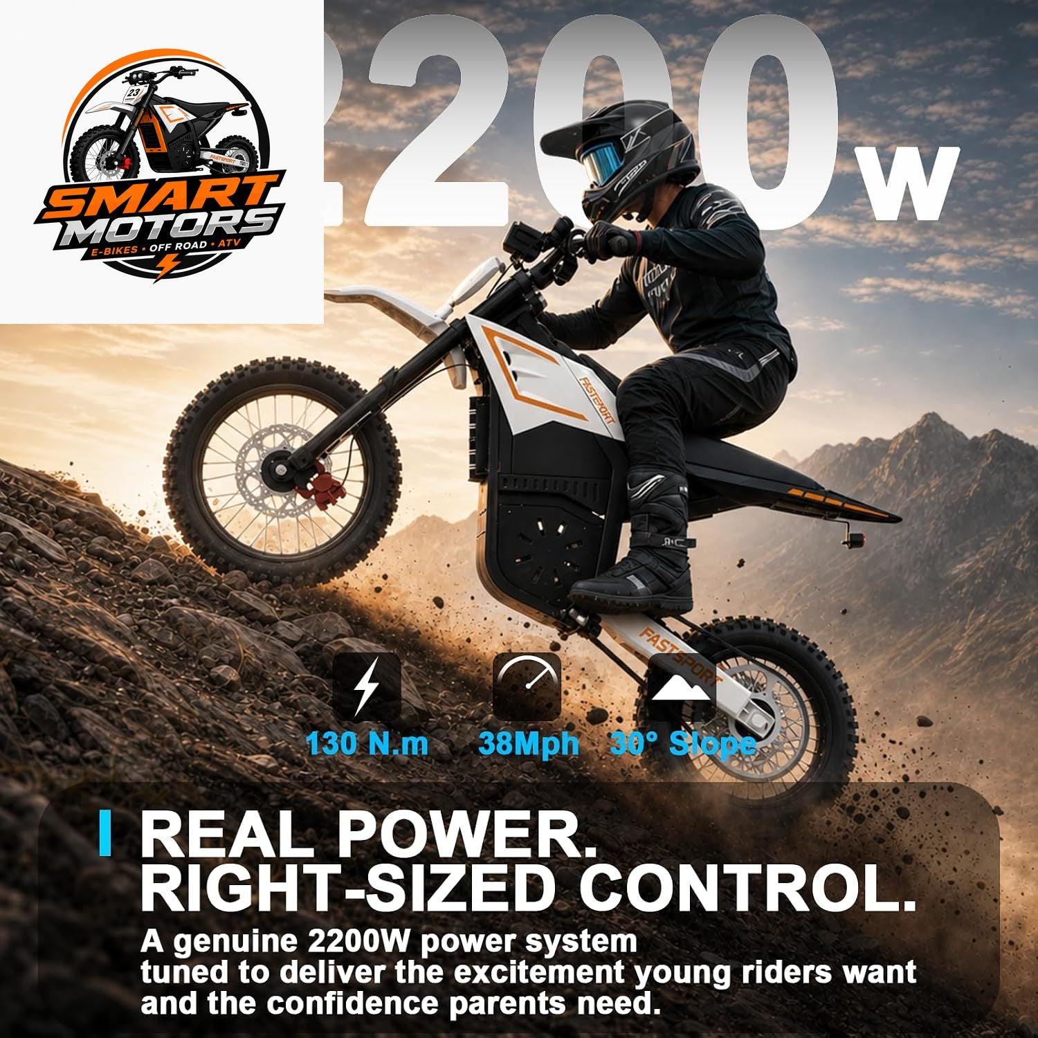 2200W Peak Electric Dirt Bike for Teens & Adults – 48V 23Ah Removable Battery, Up to 53-Mile Range, 40 MPH, Mid-Drive Motor, Dual Suspension & Disc Brakes