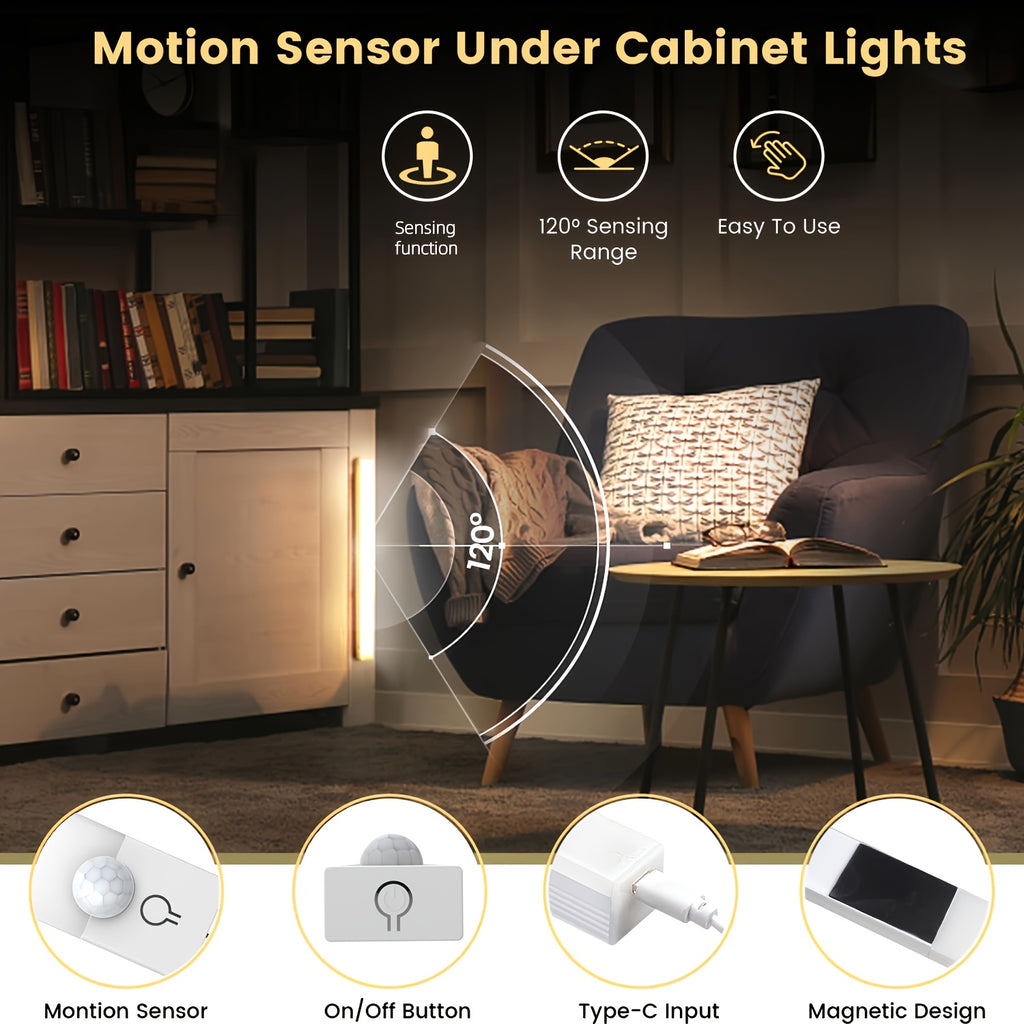 Set of 3 LED Lights with Motion Detection - Adjustable Brightness for Cabinets, Rechargeable Via USB, Featuring Three Color Temperatures (3000K/4500K/6000K), Suitable for Use As Night Lights in Bedrooms, Staircases, Kitchens, Piano Rooms