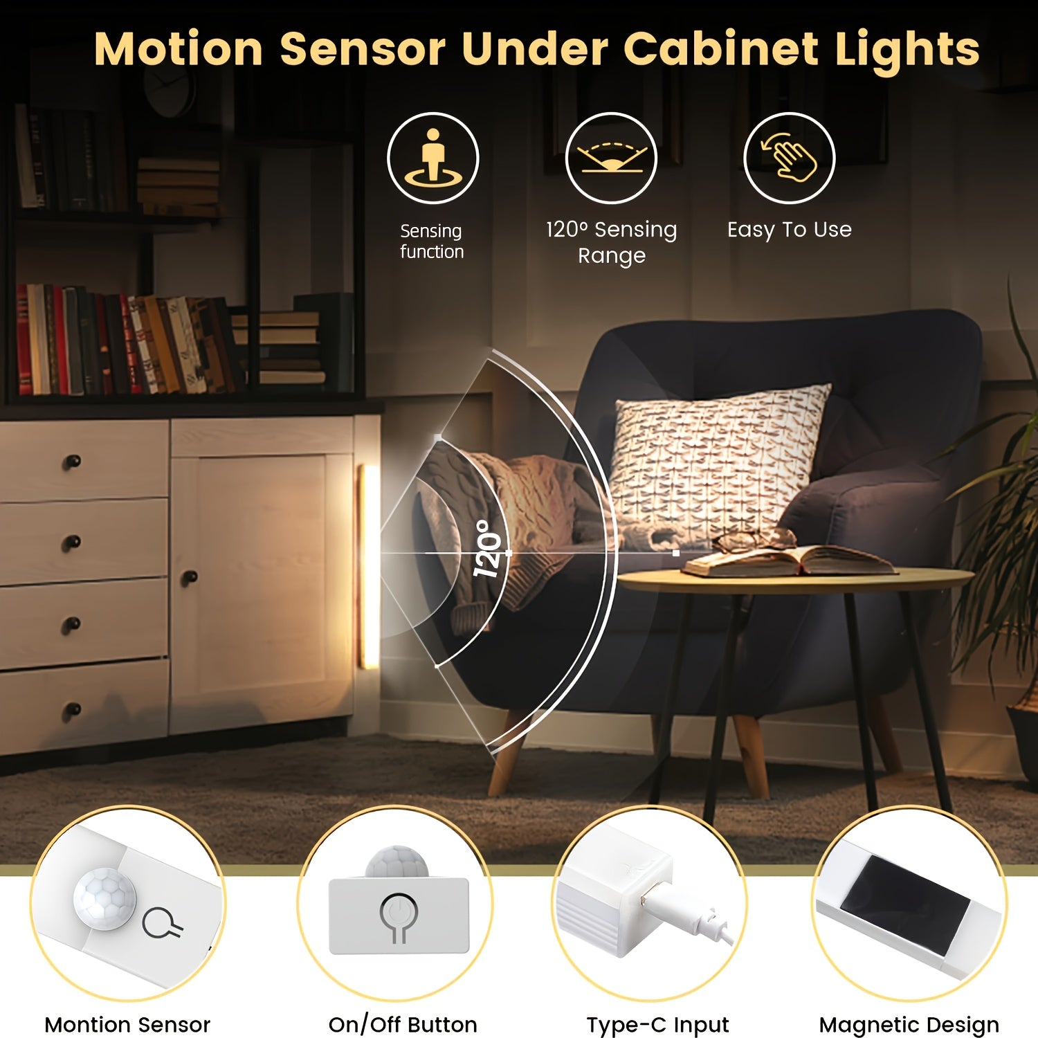 Set of 3 LED Lights with Motion Detection - Adjustable Brightness for Cabinets, Rechargeable Via USB, Featuring Three Color Temperatures (3000K/4500K/6000K), Suitable for Use As Night Lights in Bedrooms, Staircases, Kitchens, Piano Rooms