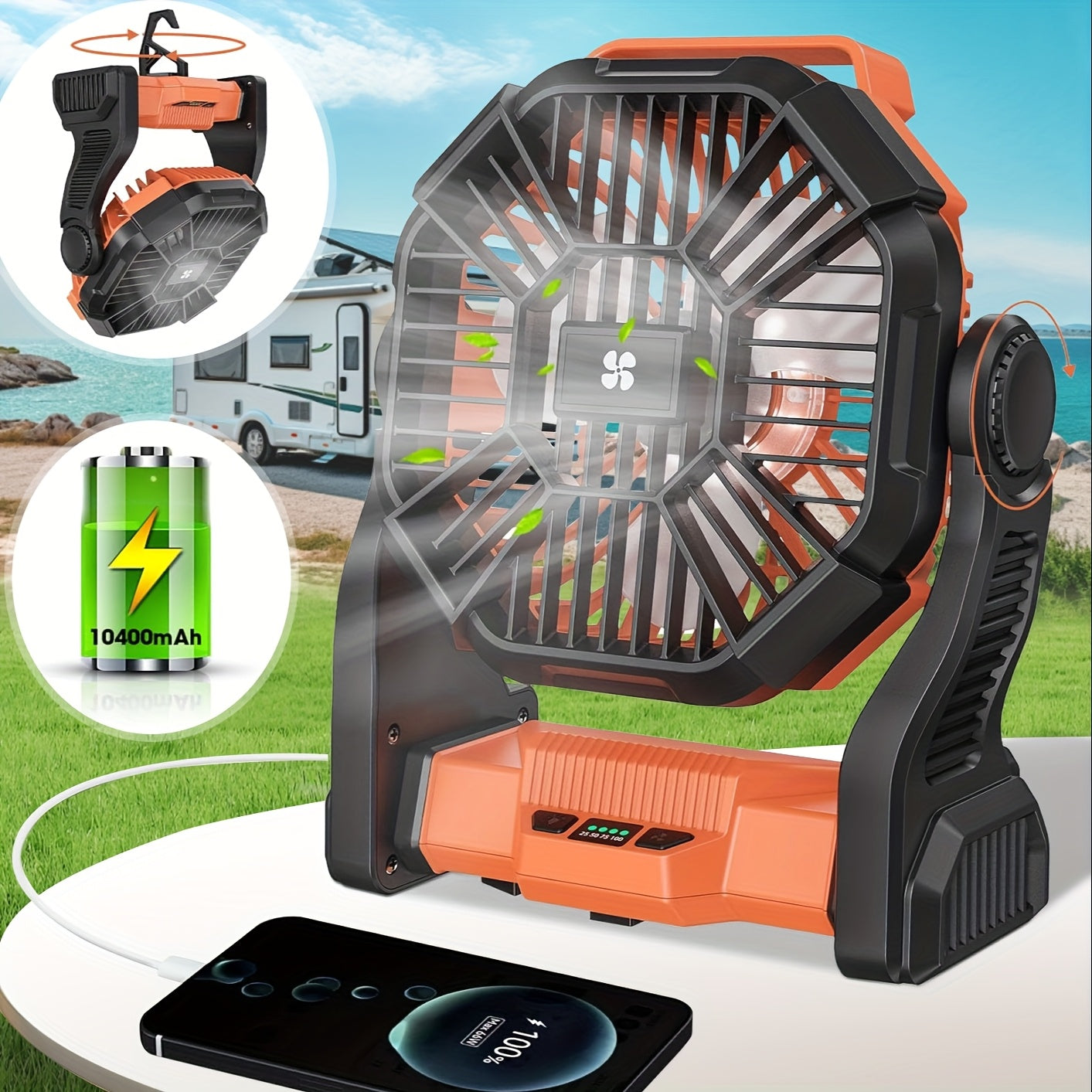 Charging+lighting+fan Three In One Electric Fan Camping Fan Battery Powered Fan, with LED Lantern Portable Camping Fan Suitable for Tents, Timer And Rotating Charging Fan Battery, Suitable for Barbecue Or Travel Operation Fan