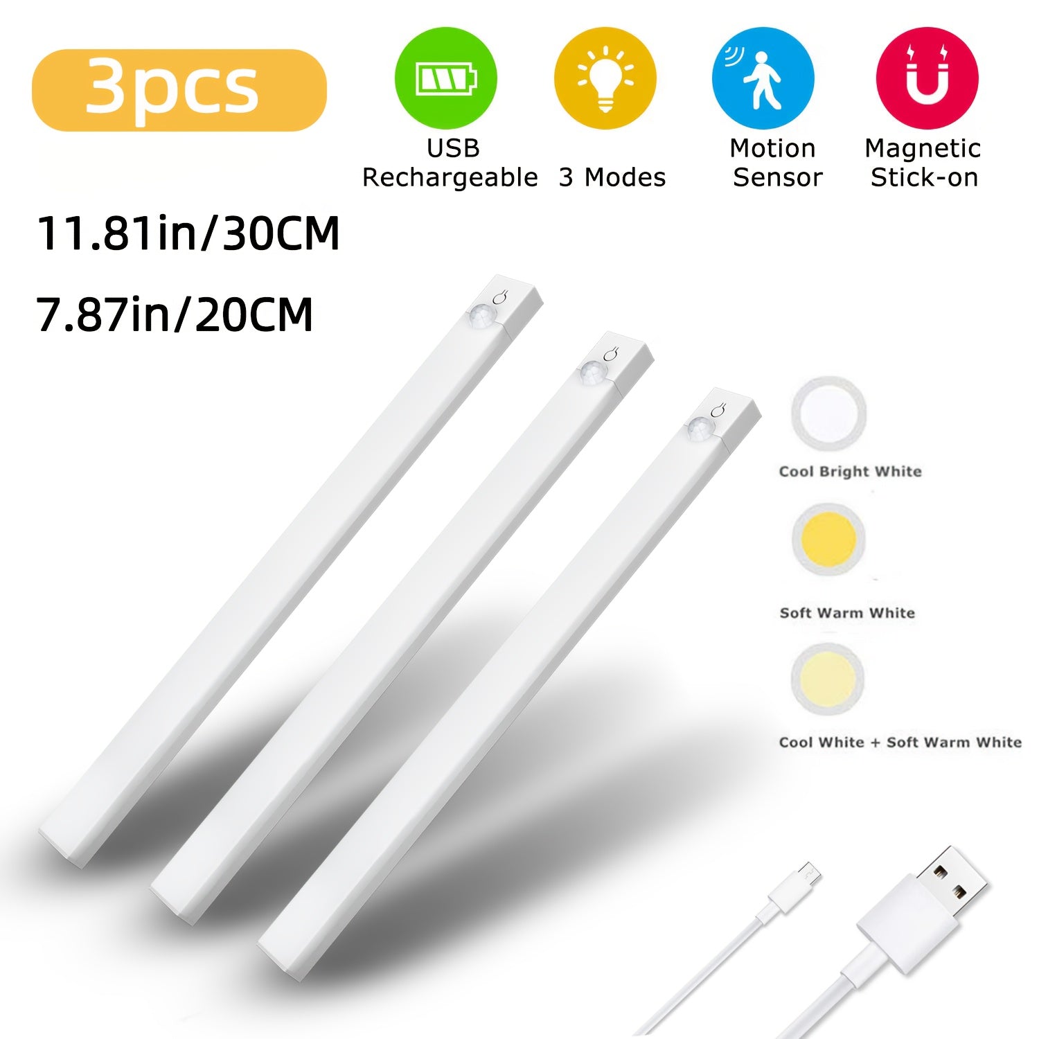 Set of 3 LED Lights with Motion Detection - Adjustable Brightness for Cabinets, Rechargeable Via USB, Featuring Three Color Temperatures (3000K/4500K/6000K), Suitable for Use As Night Lights in Bedrooms, Staircases, Kitchens, Piano Rooms