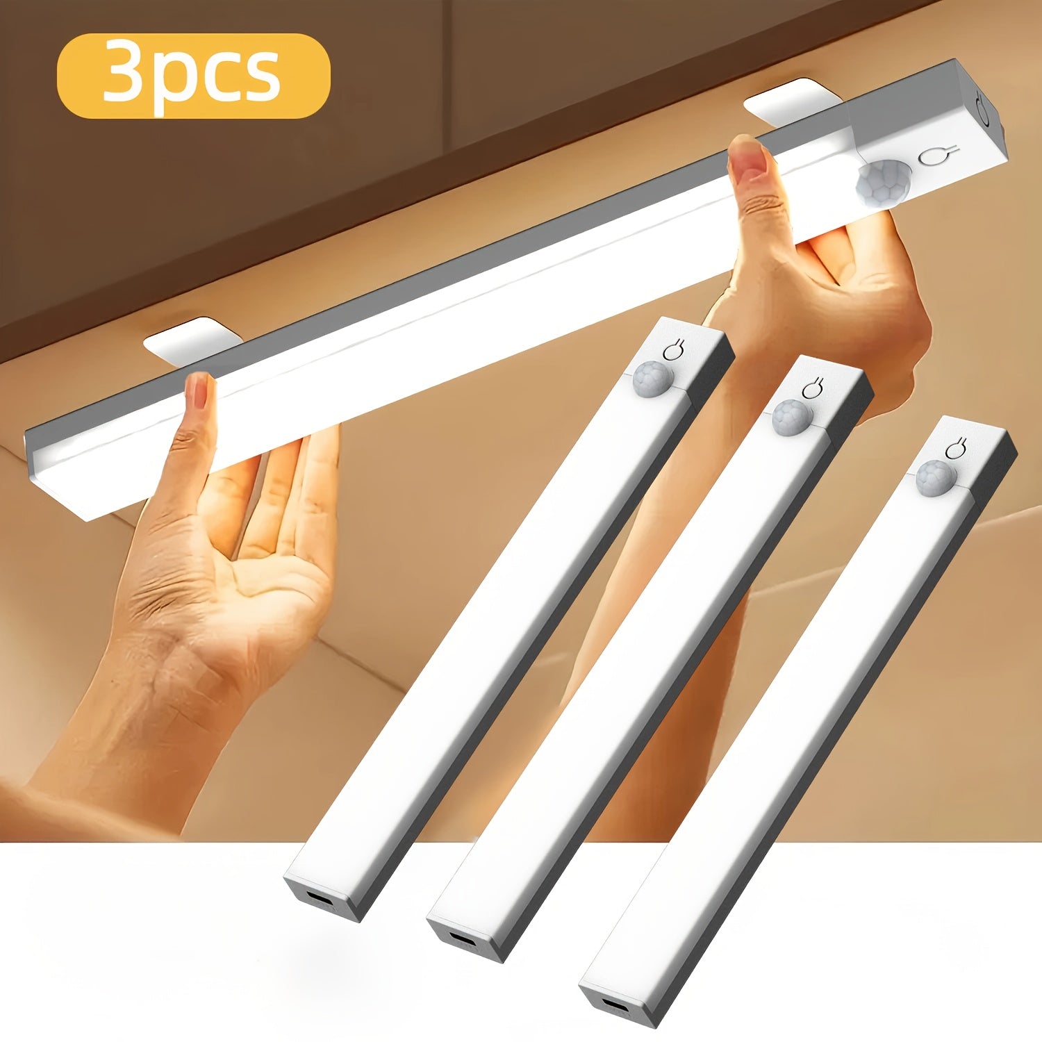 Set of 3 LED Lights with Motion Detection - Adjustable Brightness for Cabinets, Rechargeable Via USB, Featuring Three Color Temperatures (3000K/4500K/6000K), Suitable for Use As Night Lights in Bedrooms, Staircases, Kitchens, Piano Rooms