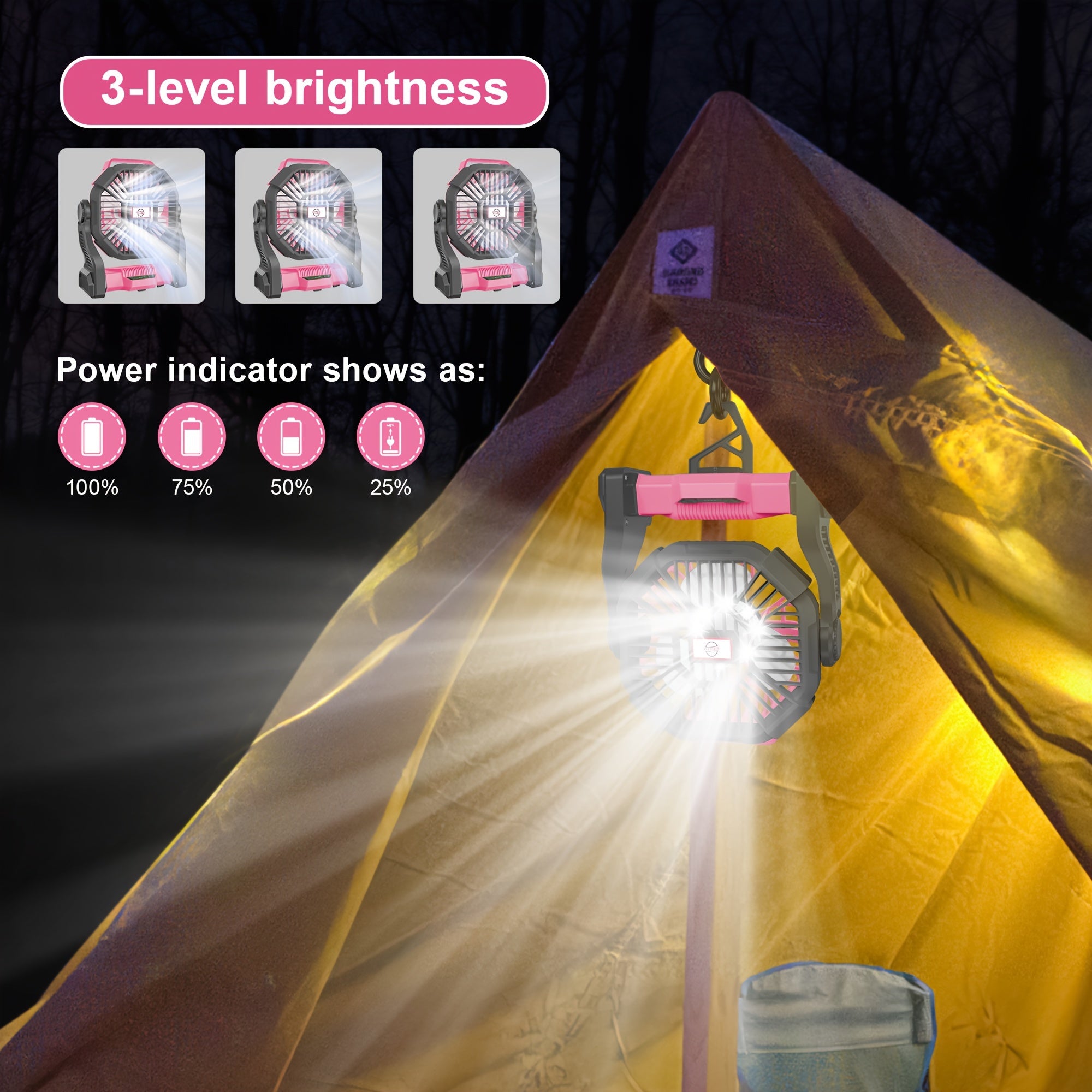 Charging+lighting+fan Three In One Electric Fan Camping Fan Battery Powered Fan, with LED Lantern Portable Camping Fan Suitable for Tents, Timer And Rotating Charging Fan Battery, Suitable for Barbecue Or Travel Operation Fan